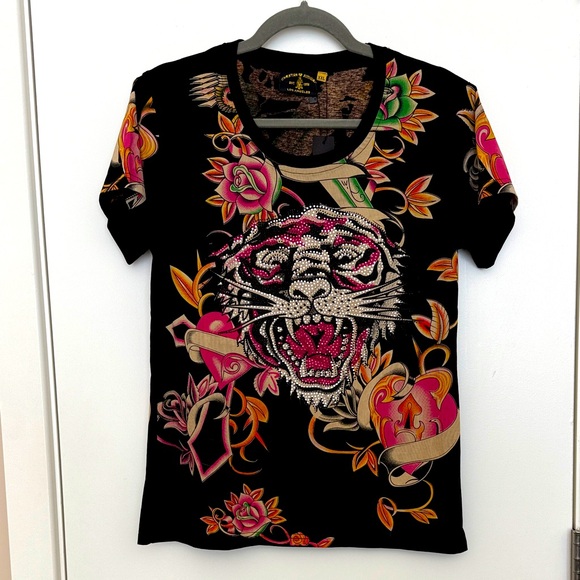 Christian Audigier Tops - Christian Audigier Black Tee with Colorful Floral Accents